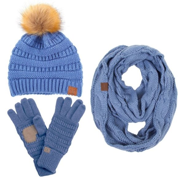 C.C 3pc Knit Warm Pom Beanie Gloves Scarves Set main image 2